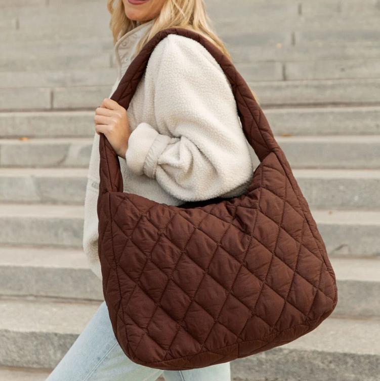 Crescent Puffer Tote Bag - Lightweight Quilted Hobo Handbag